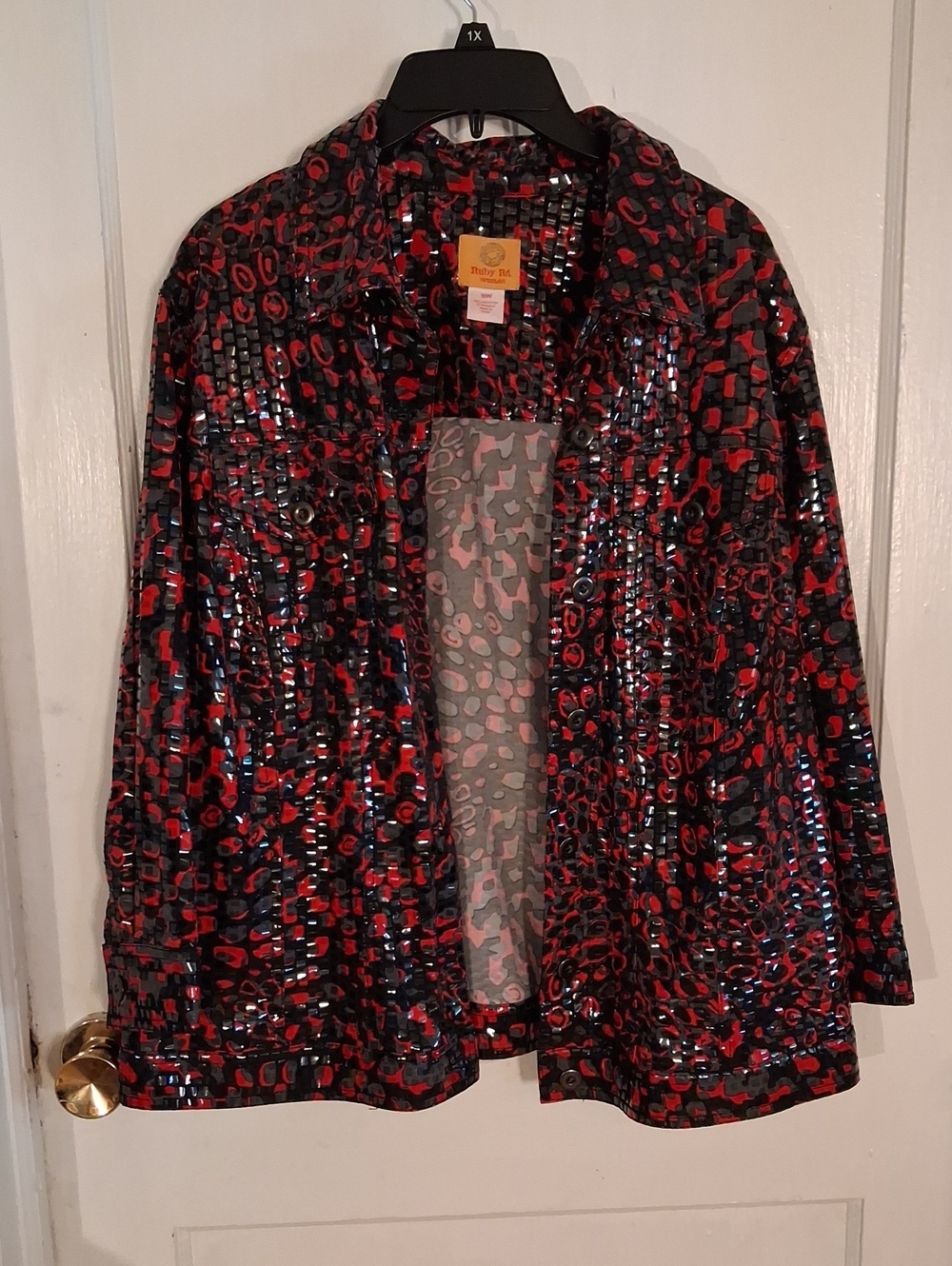 Ruby Rd. Red and Black Shiny Printed Jacket Coat